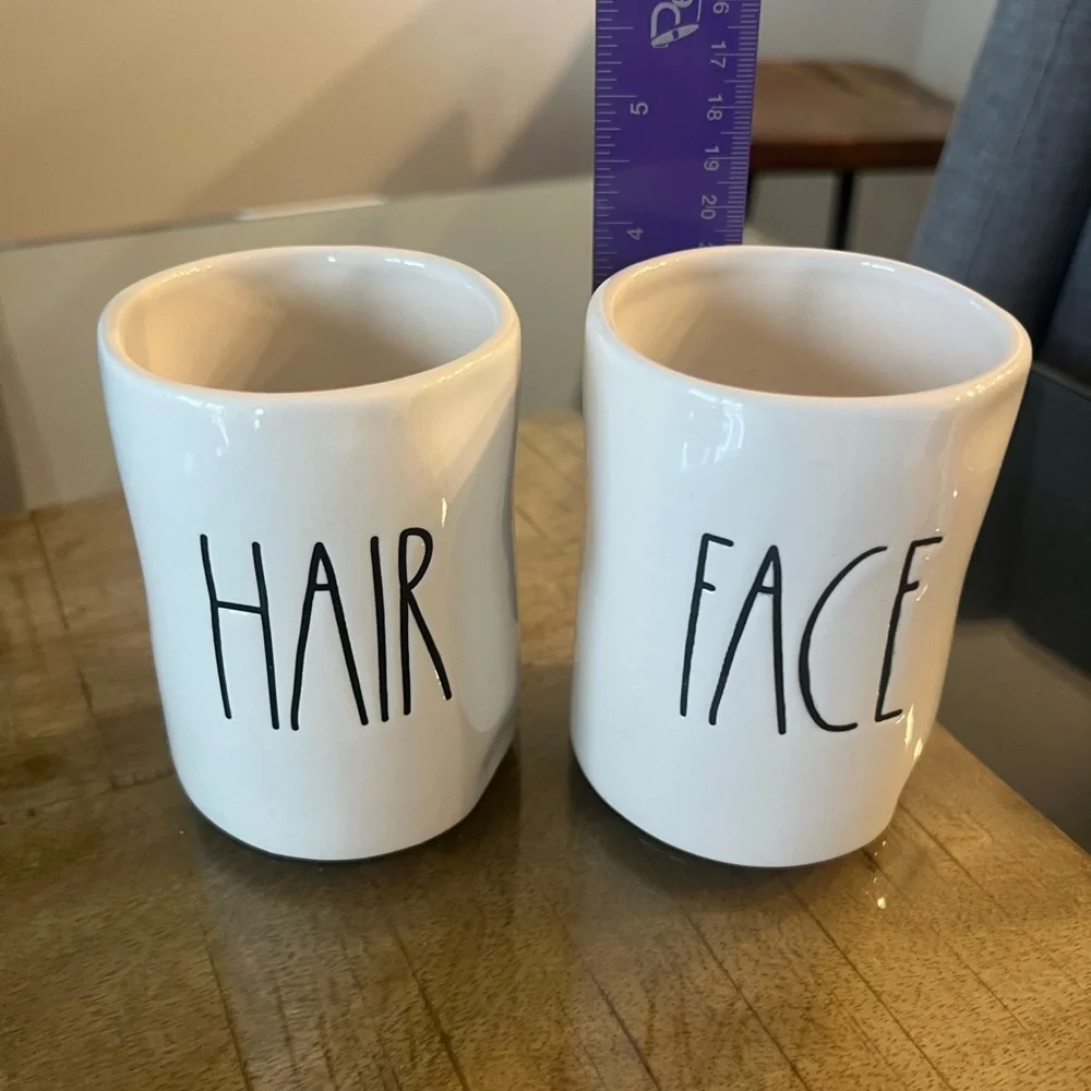 Rae Dunn Cream Ceramic Hair and Face bathroom organizer Duo cups